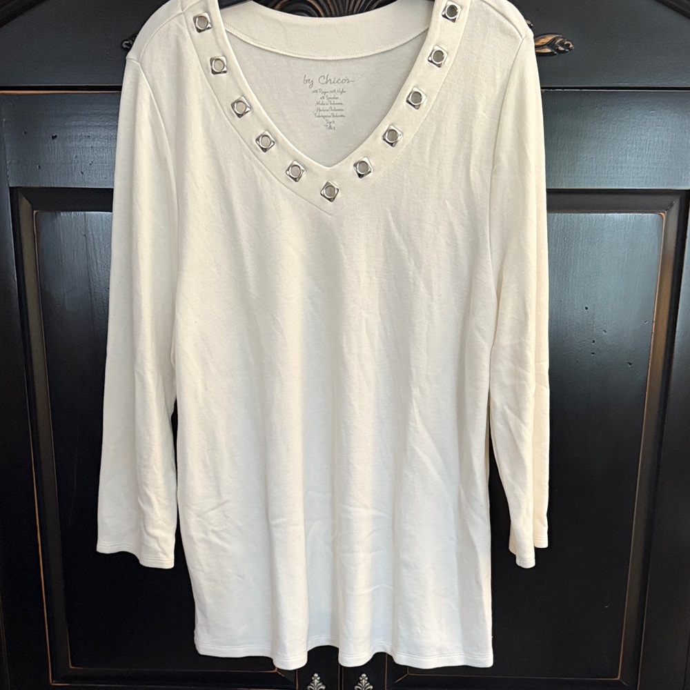 Chico's Cream Long Sleeve Top with Silver Accents